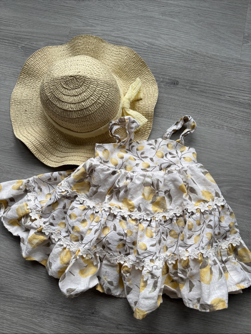 Kids Yellow Lemon Print Sundress with Matching Sun Hat